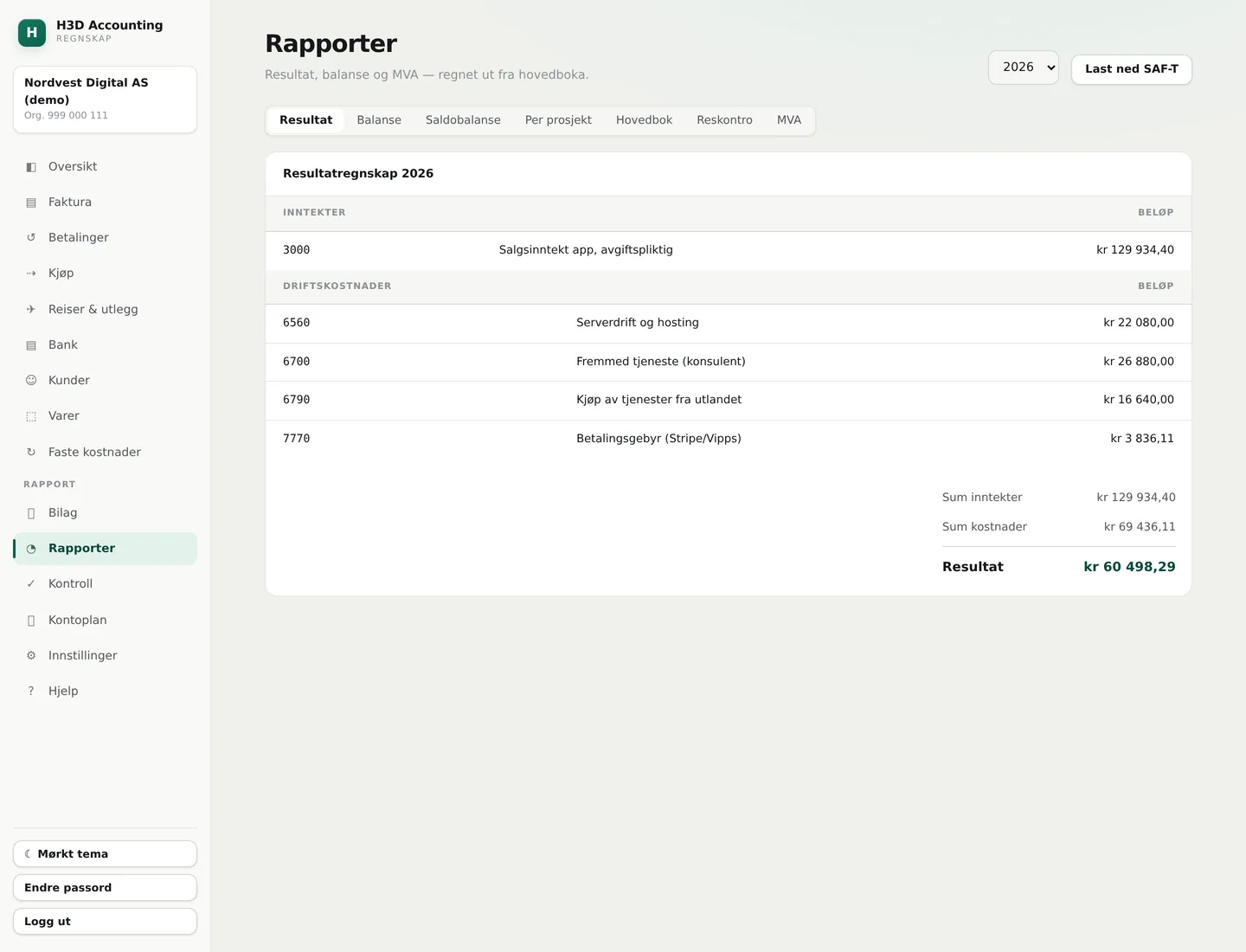 Rapportene i H3D Accounting: resultatregnskapet med inntekter, kostnader og resultat.
