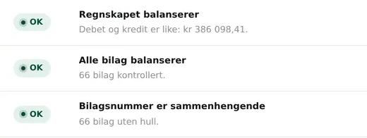 Tre av kontrollene som kjøres hver morgen, alle OK: regnskapet balanserer, alle bilag balanserer, og bilagsnumrene er sammenhengende.