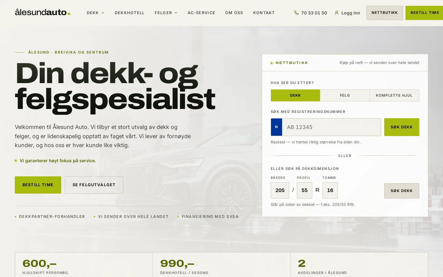Forsiden på aalesundauto.no: «Din dekk- og felgspesialist», med søk etter dekk på registreringsnummer eller dimensjon.