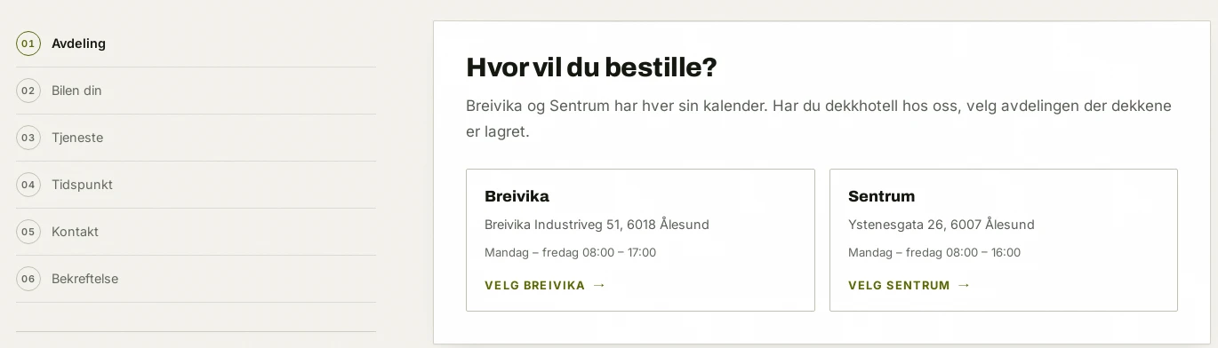 Timebestillingen på aalesundauto.no: seks steg, og valg mellom avdelingene Breivika og Sentrum, som har hver sin kalender.