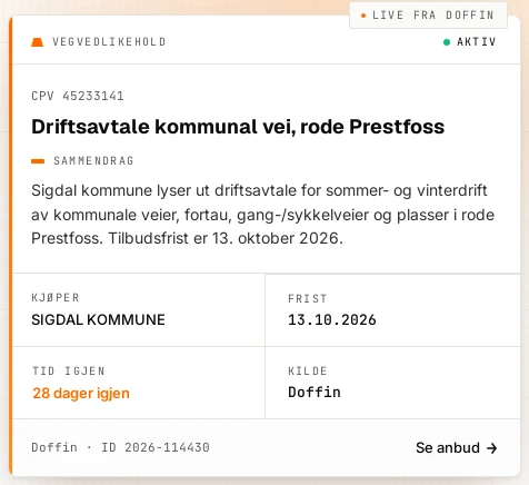 Et anbud slik Haent viser det: kategori, sammendrag av utlysningen, kjøper, frist, tid igjen og kilde.